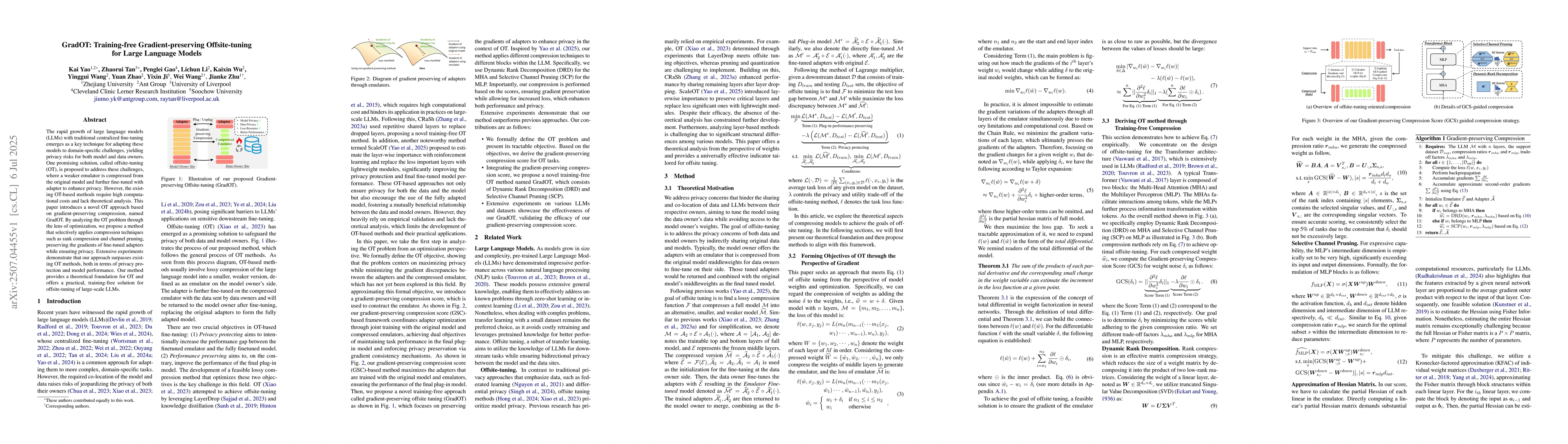 Thumbnail for GradOT: Training-free Gradient-preserving Offsite-tuning for Large
  Language Models