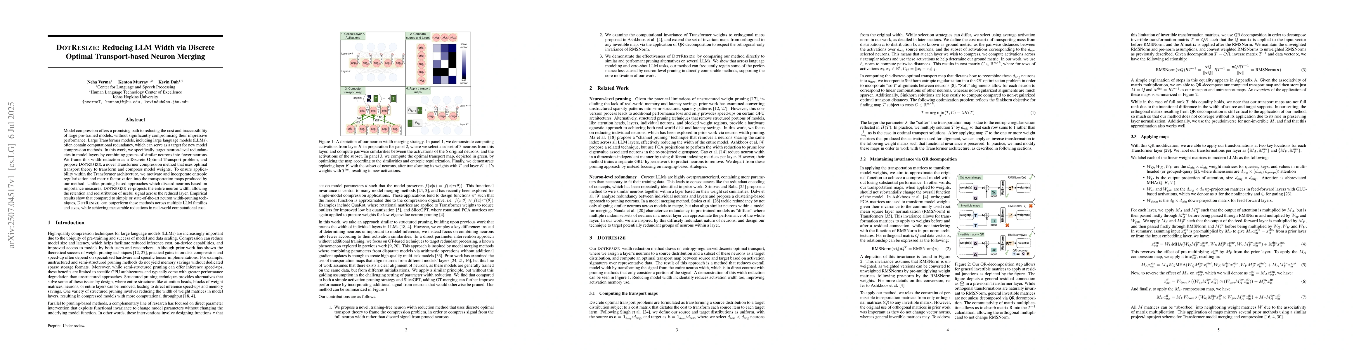 Thumbnail for DOTResize: Reducing LLM Width via Discrete Optimal Transport-based
  Neuron Merging