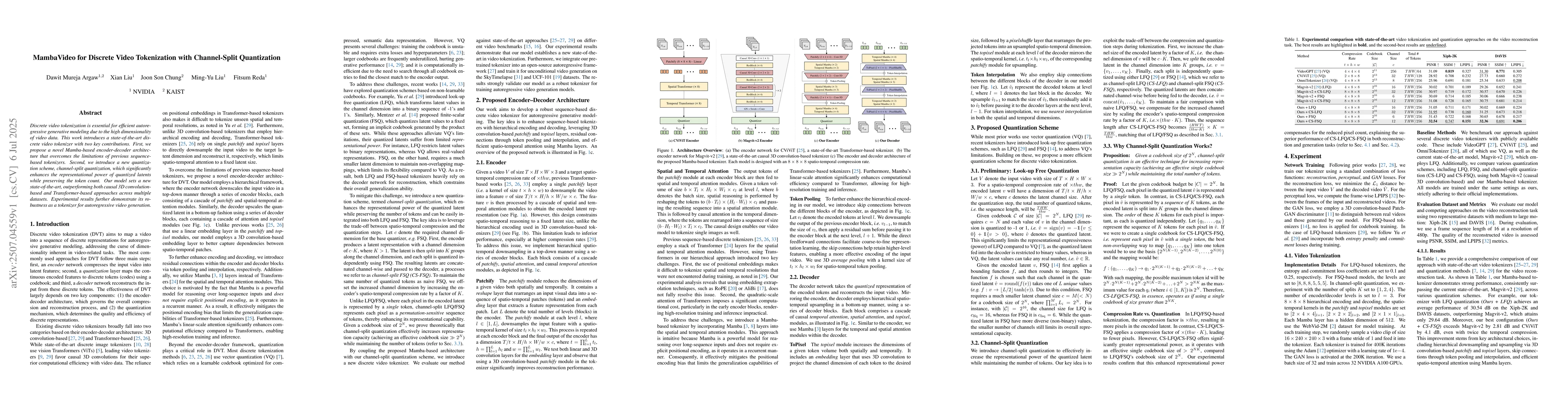 Thumbnail for MambaVideo for Discrete Video Tokenization with Channel-Split
  Quantization