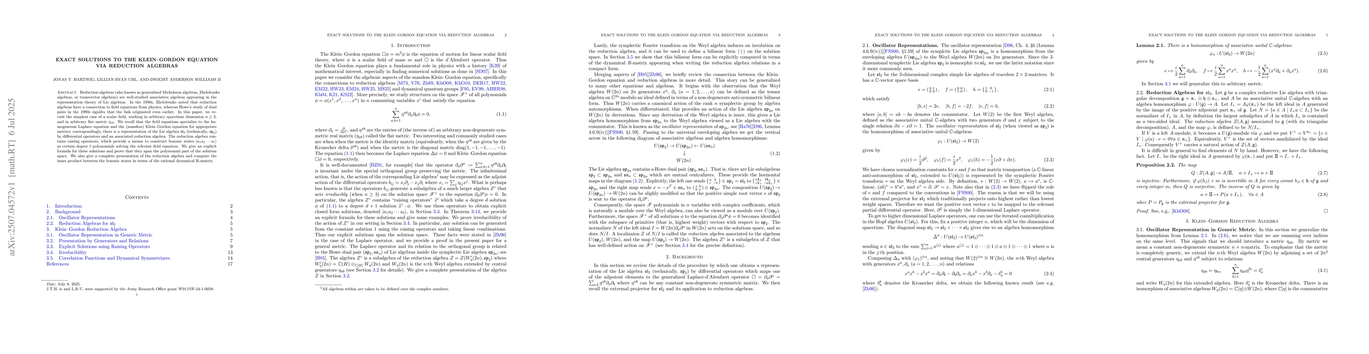 Thumbnail for Exact Solutions to the Klein--Gordon Equation via Reduction Algebras