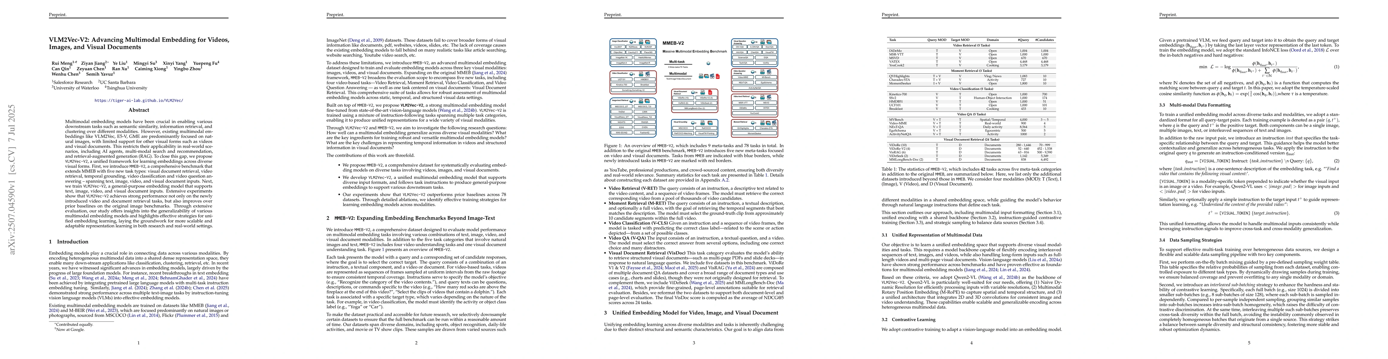 Thumbnail for VLM2Vec-V2: Advancing Multimodal Embedding for Videos, Images, and
  Visual Documents