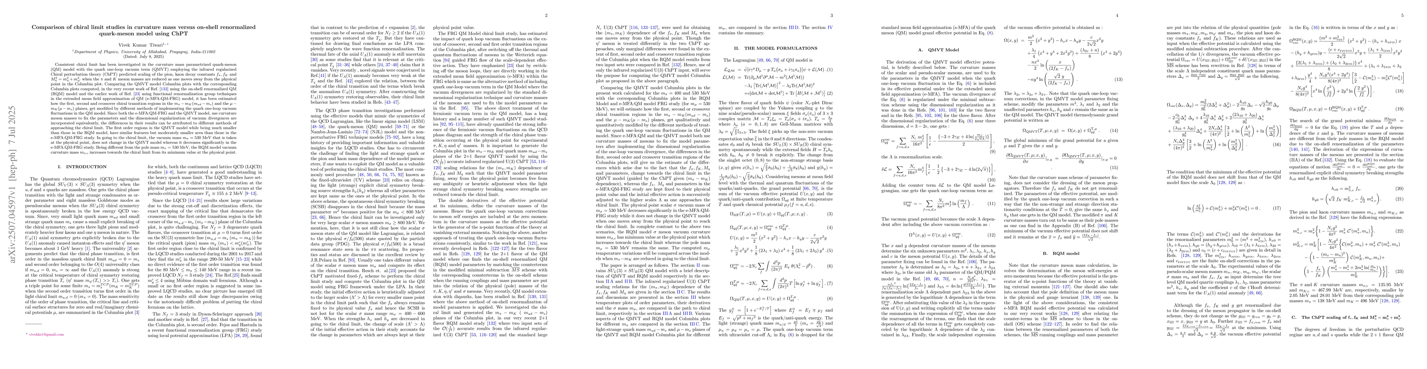 Thumbnail for Comparison of chiral limit studies in curvature mass versus on-shell
  renormalized quark-meson model using ChPT