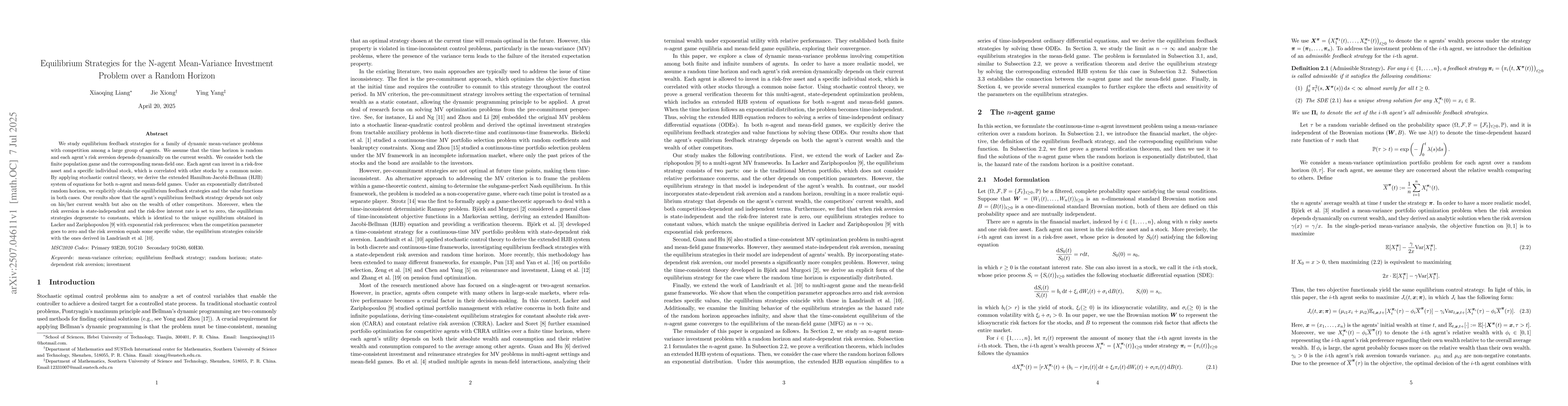 Thumbnail for Equilibrium Strategies for the N-agent Mean-Variance Investment Problem
  over a Random Horizon