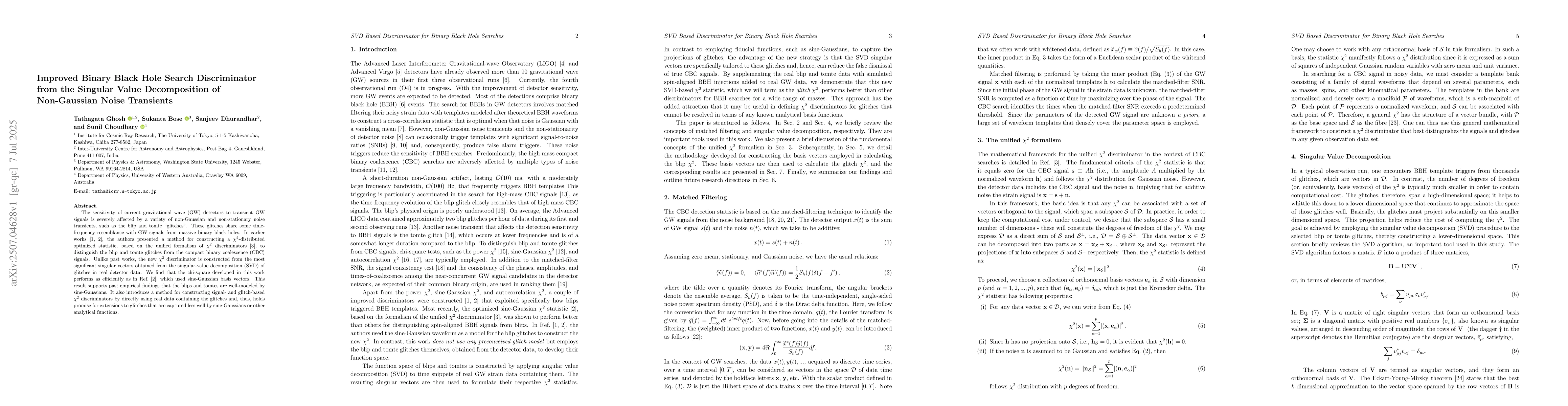Thumbnail for Improved Binary Black Hole Search Discriminator from the Singular Value
  Decomposition of Non-Gaussian Noise Transients