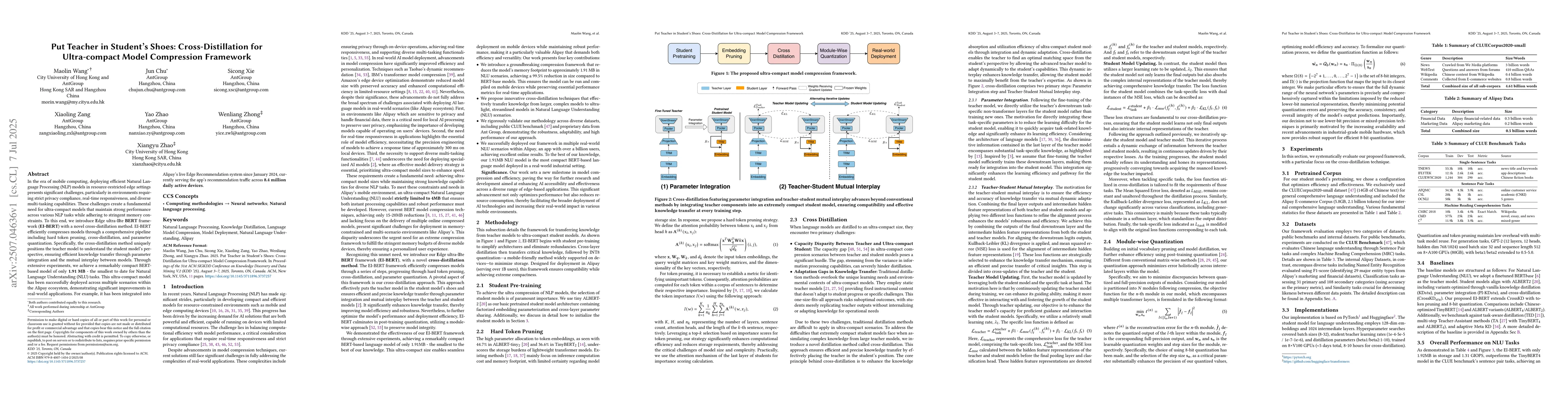 Thumbnail for Put Teacher in Student's Shoes: Cross-Distillation for Ultra-compact
  Model Compression Framework