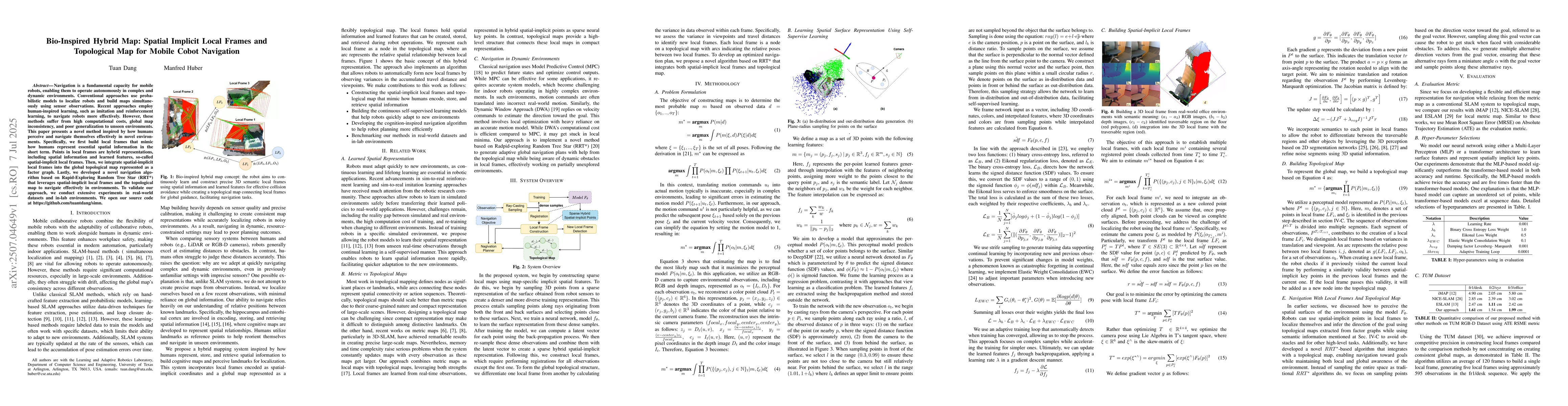 Thumbnail for Bio-Inspired Hybrid Map: Spatial Implicit Local Frames and Topological
  Map for Mobile Cobot Navigation