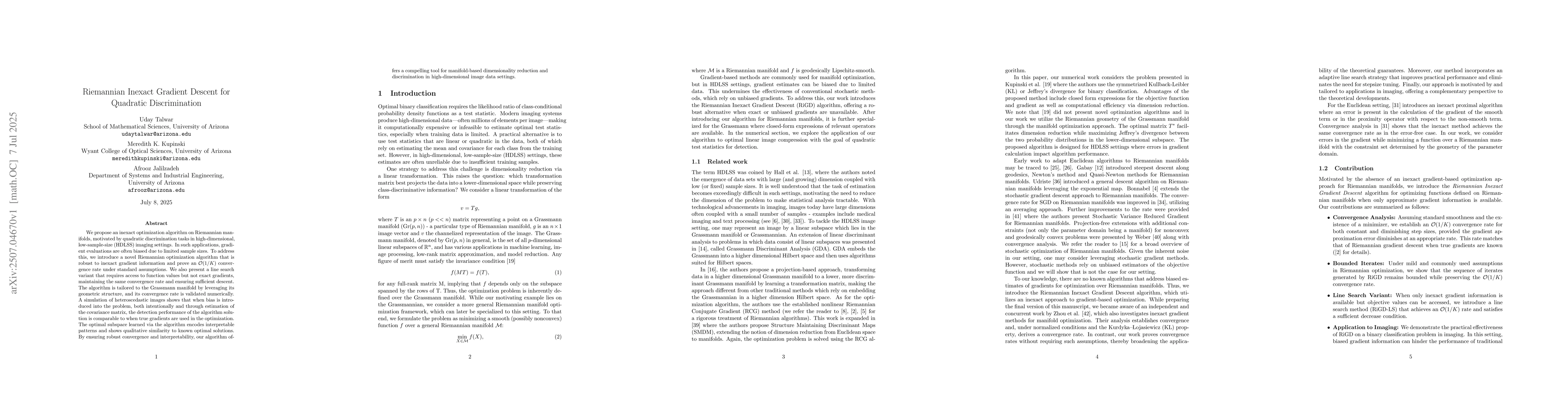 Thumbnail for Riemannian Inexact Gradient Descent for Quadratic Discrimination