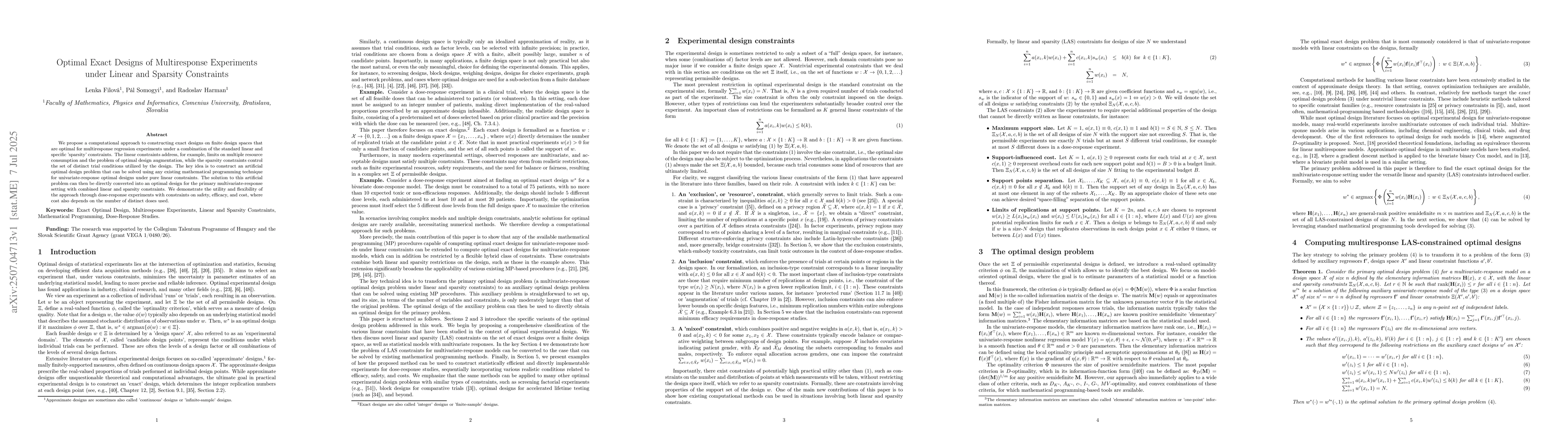 Thumbnail for Optimal Exact Designs of Multiresponse Experiments under Linear and
  Sparsity Constraints