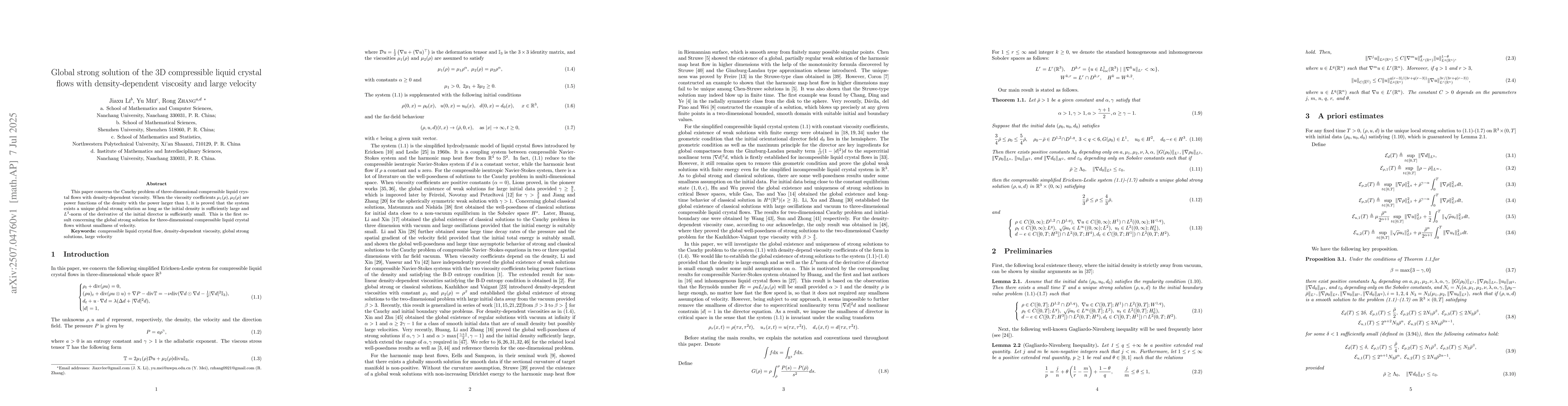 Thumbnail for Global strong solution of the 3D compressible liquid crystal flows with
  density-dependent viscosity and large velocity