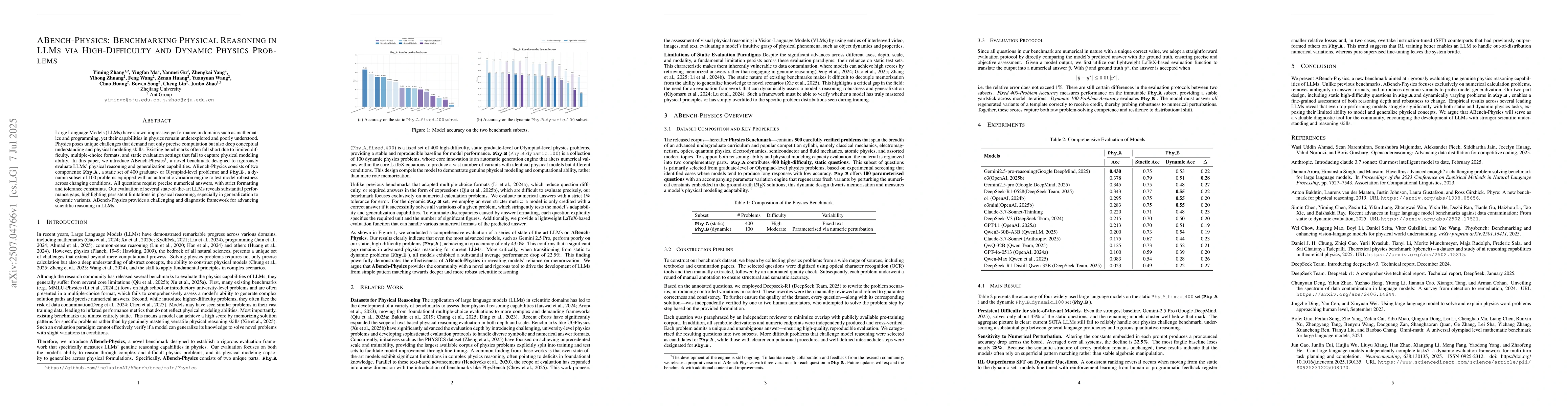 Thumbnail for ABench-Physics: Benchmarking Physical Reasoning in LLMs via
  High-Difficulty and Dynamic Physics Problems