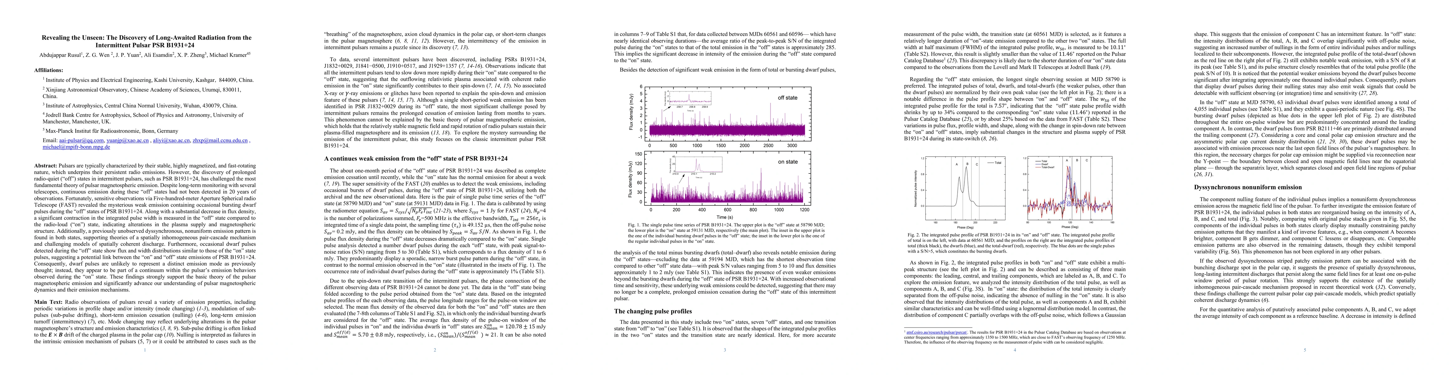 Thumbnail for Revealing the Unseen: The Discovery of Long-Awaited Radiation from the
  Intermittent Pulsar PSR B1931+24