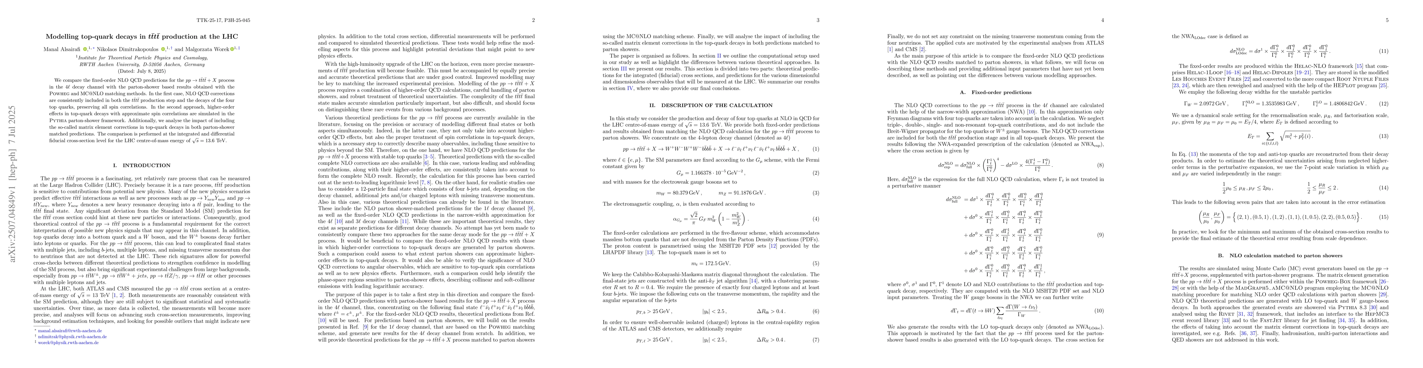 Thumbnail for Modelling top-quark decays in $t\bar{t}t\bar{t}$ production at the LHC