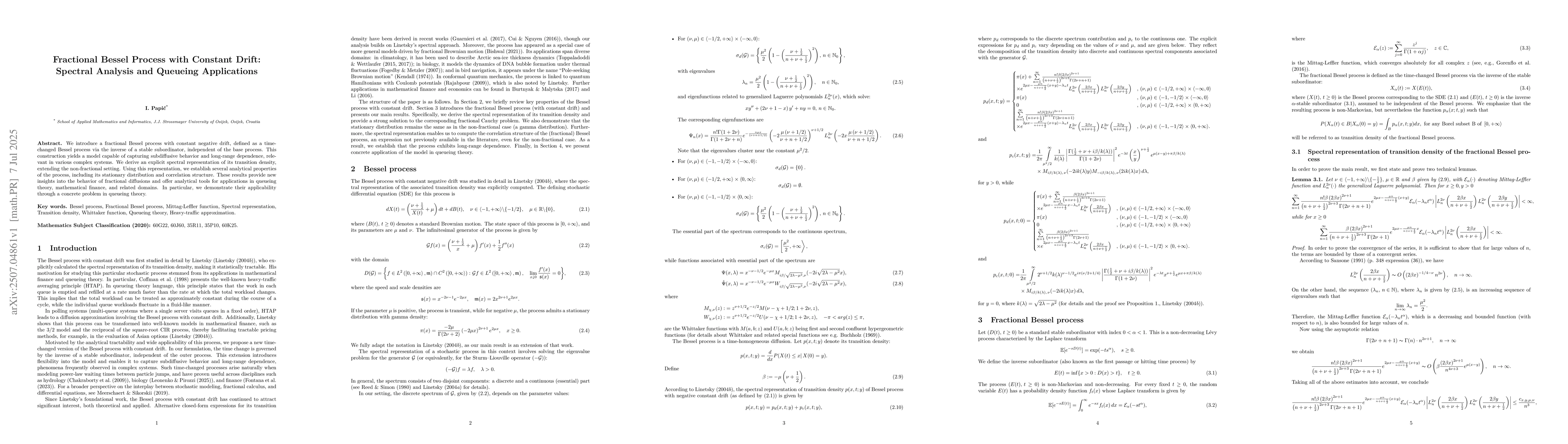 Thumbnail for Fractional Bessel Process with Constant Drift: Spectral Analysis and
  Queueing Applications