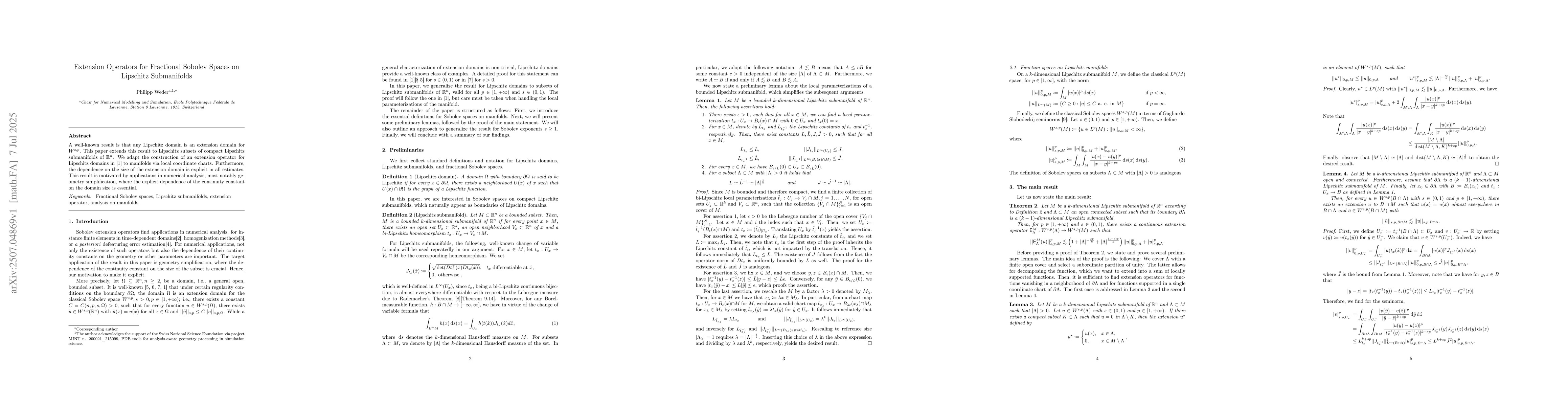 Thumbnail for Extension Operators for Fractional Sobolev Spaces on Lipschitz
  Submanifolds