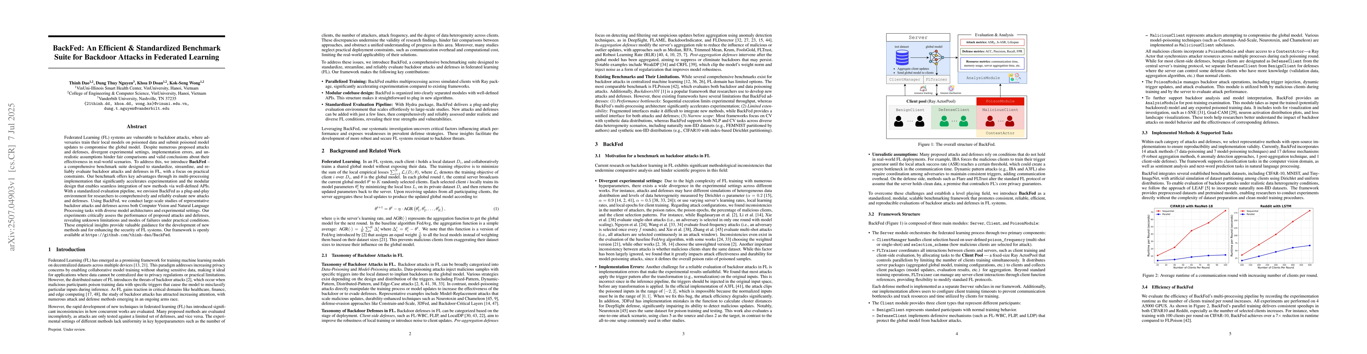Thumbnail for BackFed: An Efficient & Standardized Benchmark Suite for Backdoor
  Attacks in Federated Learning