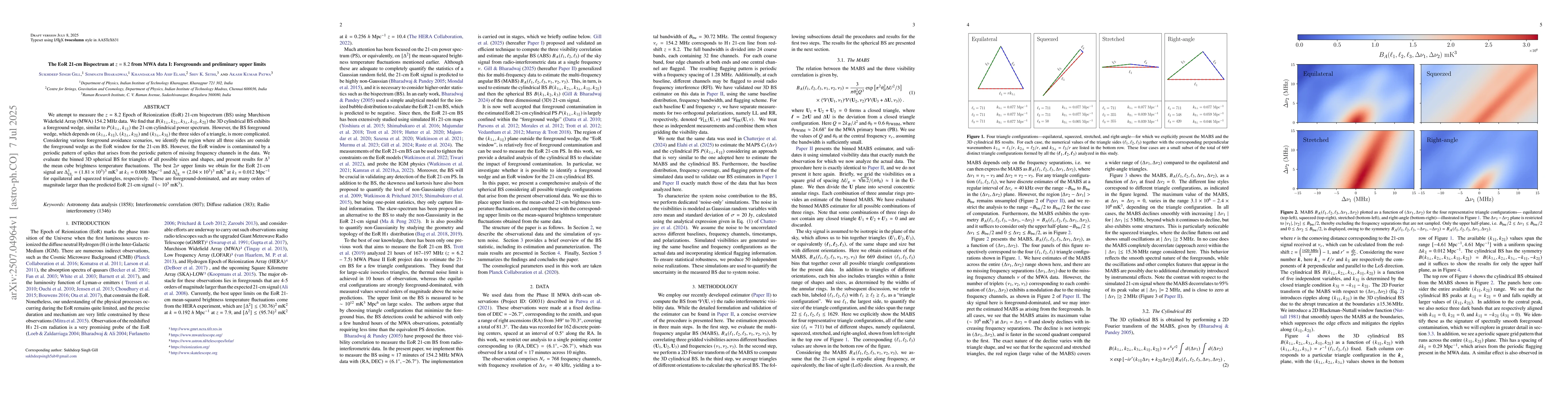 Thumbnail for The EoR 21-cm Bispectrum at $z=8.2$ from MWA data I: Foregrounds and
  preliminary upper limits