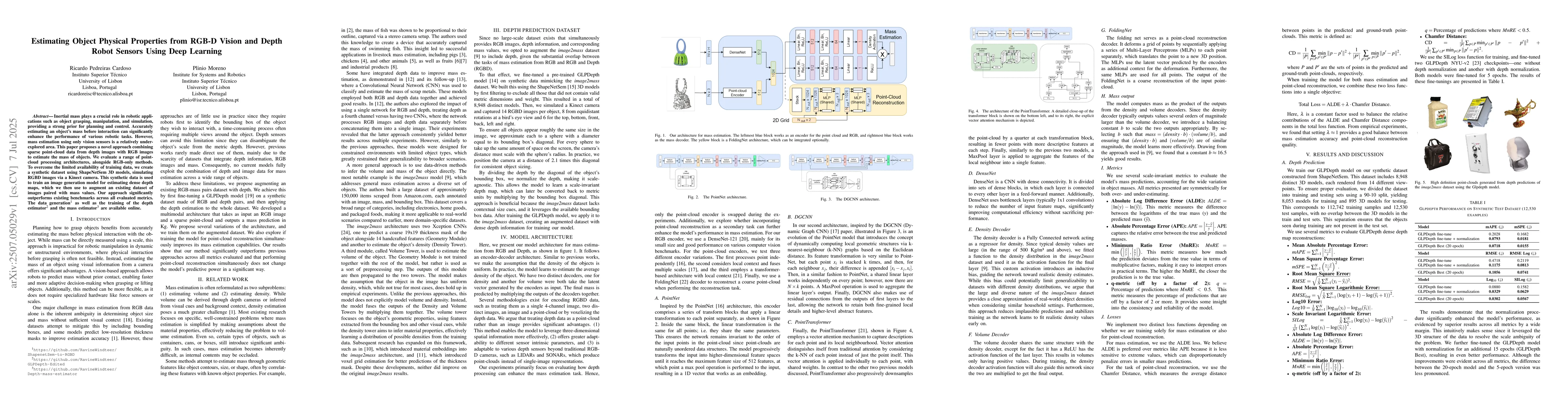 Thumbnail for Estimating Object Physical Properties from RGB-D Vision and Depth Robot
  Sensors Using Deep Learning