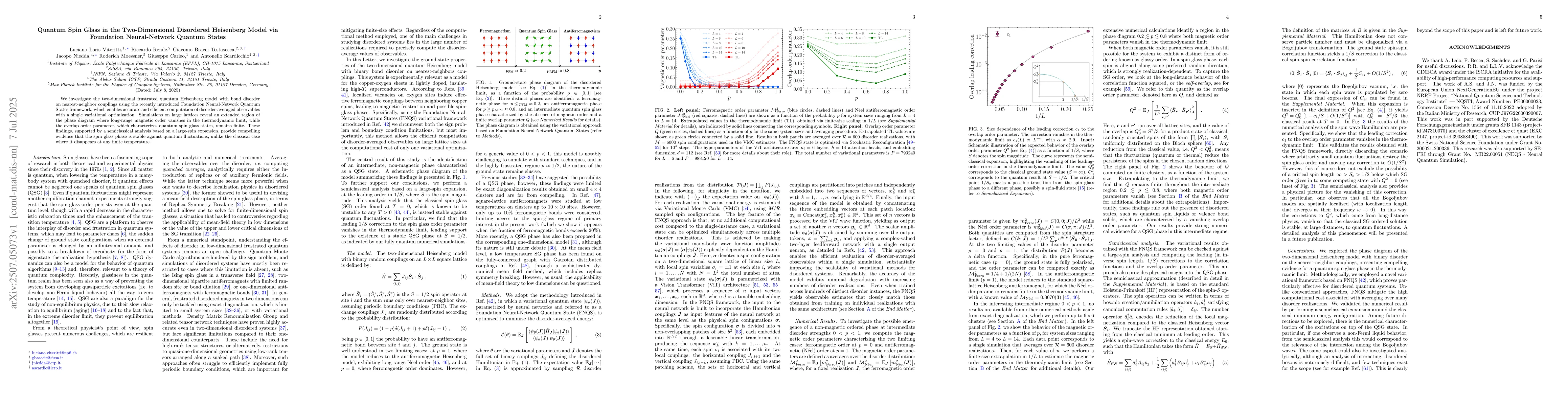 Thumbnail for Quantum Spin Glass in the Two-Dimensional Disordered Heisenberg Model
  via Foundation Neural-Network Quantum States