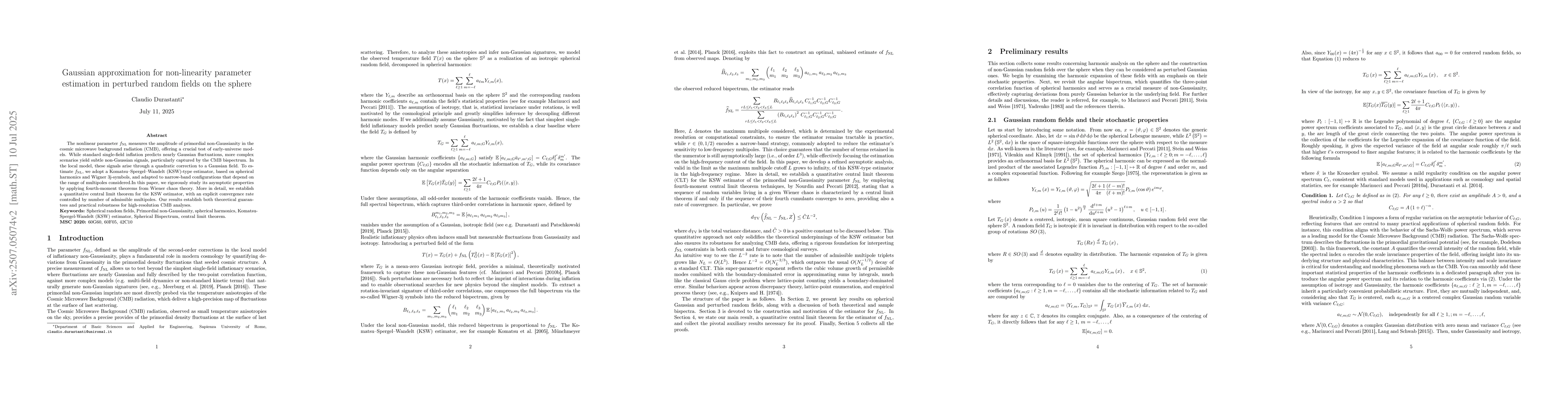 Thumbnail for Gaussian approximation for non-linearity parameter estimation in
  perturbed random fields on the sphere