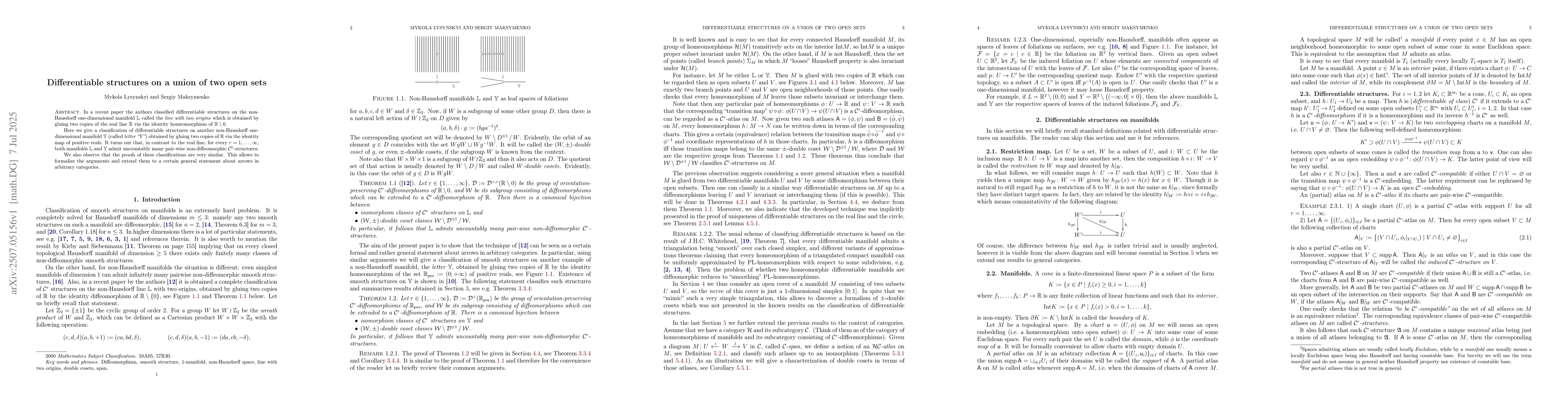 Thumbnail for Differentiable structures on a union of two open sets