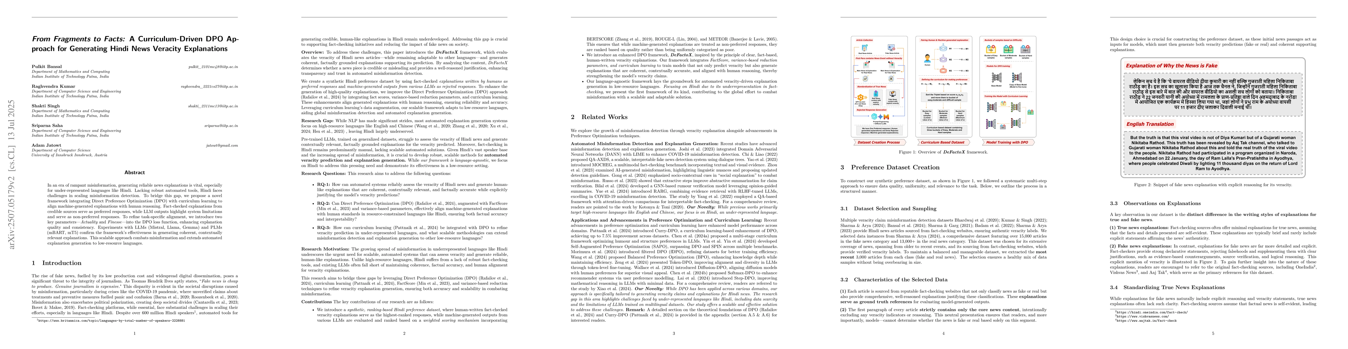 Thumbnail for From Fragments to Facts: A Curriculum-Driven DPO Approach for Generating
  Hindi News Veracity Explanations