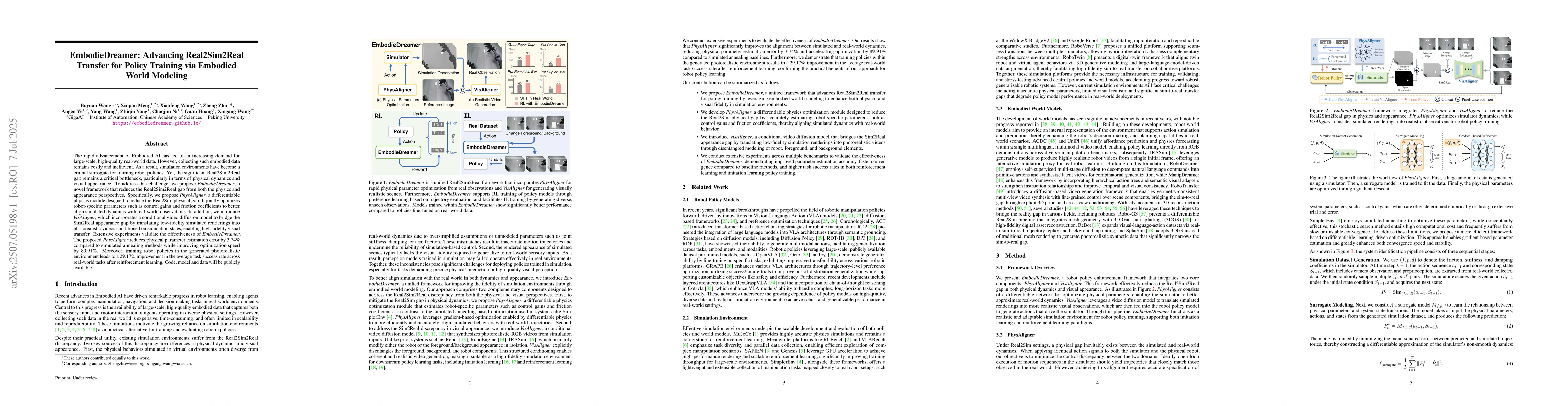 Thumbnail for EmbodieDreamer: Advancing Real2Sim2Real Transfer for Policy Training via
  Embodied World Modeling