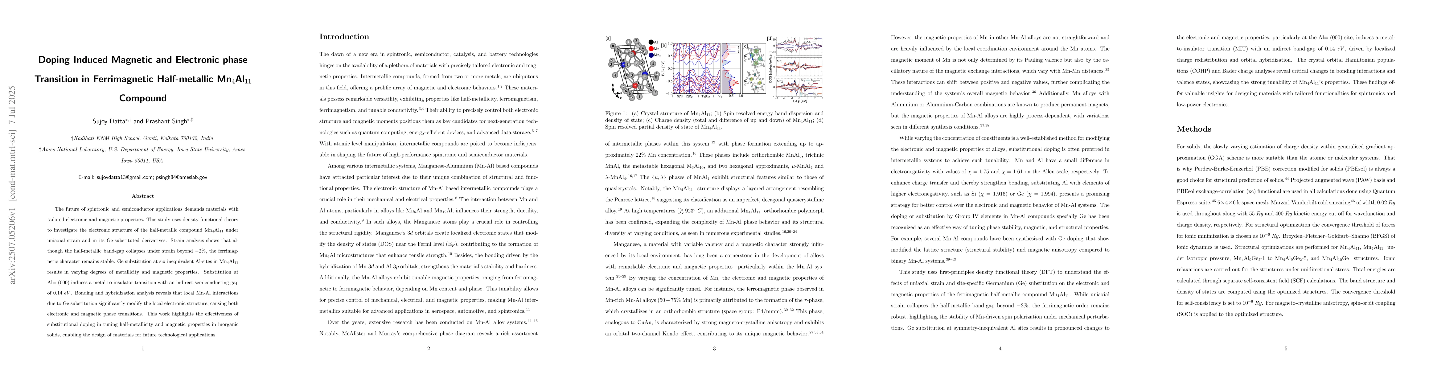 Thumbnail for Doping Induced Magnetic and Electronic phase Transition in Ferrimagnetic
  Half-metallic Mn$_{4}$Al$_{11}$ Compound