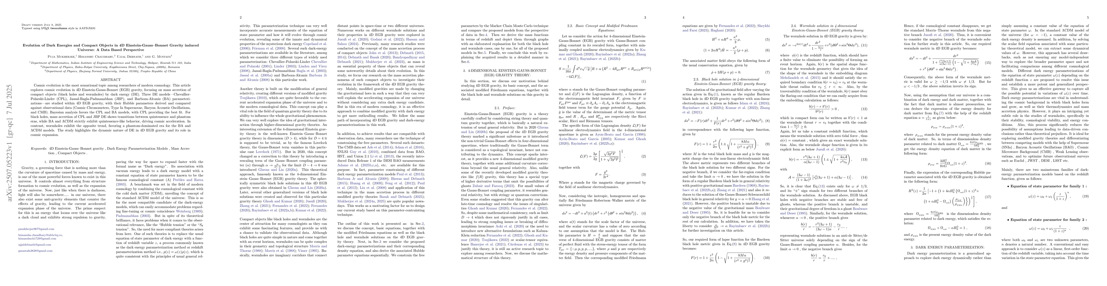 Thumbnail for Evolution of Dark Energies and Compact Objects in 4D Einstein Gauss
  Bonnet Gravity induced Universe A Data Based Perspective