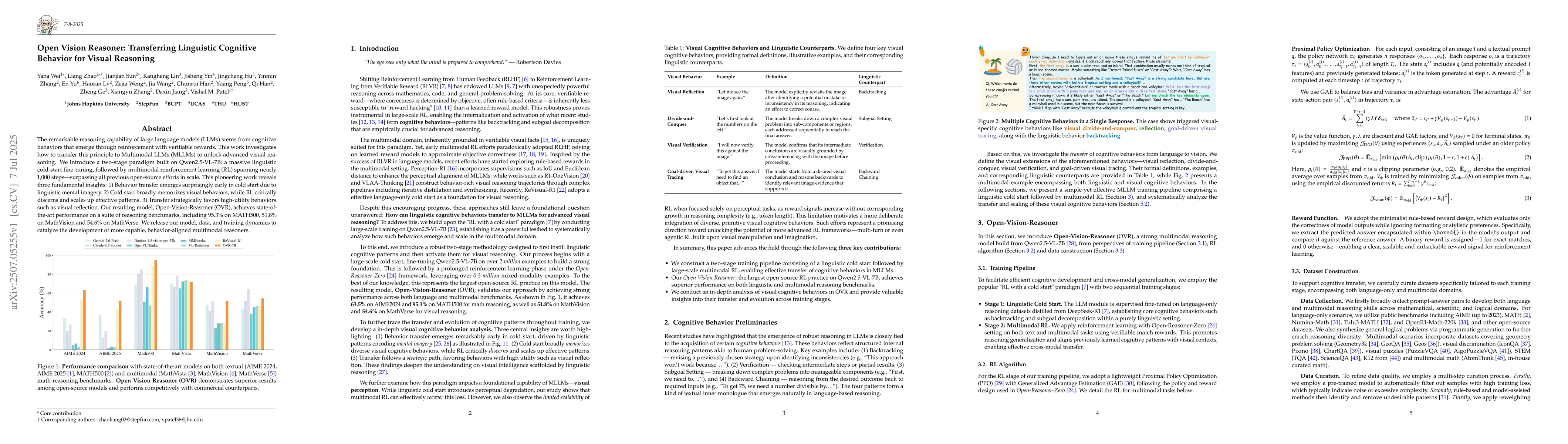 Thumbnail for Open Vision Reasoner: Transferring Linguistic Cognitive Behavior for
  Visual Reasoning