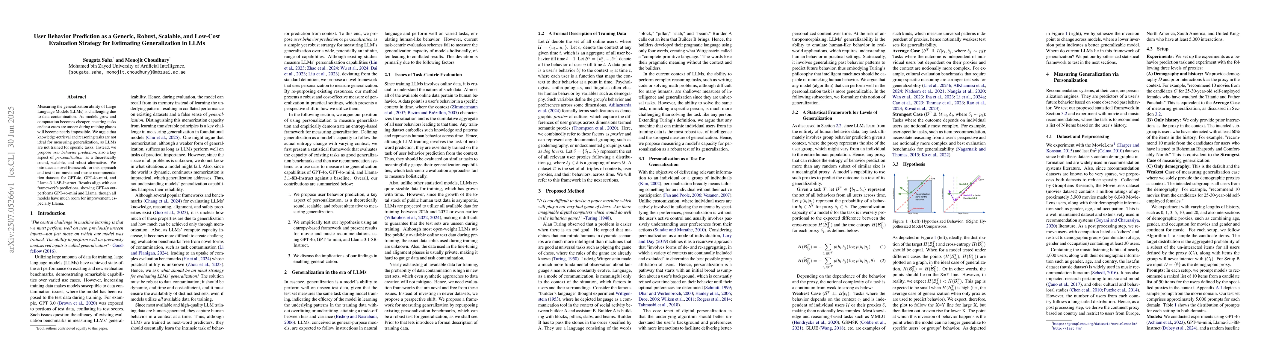 Thumbnail for User Behavior Prediction as a Generic, Robust, Scalable, and Low-Cost
  Evaluation Strategy for Estimating Generalization in LLMs