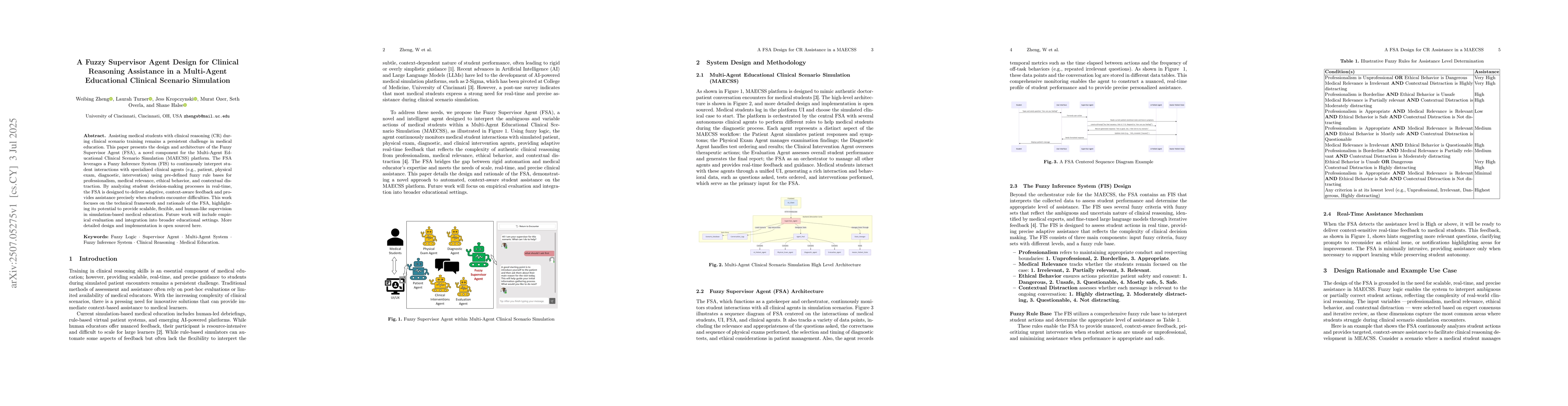 Thumbnail for A Fuzzy Supervisor Agent Design for Clinical Reasoning Assistance in a
  Multi-Agent Educational Clinical Scenario Simulation