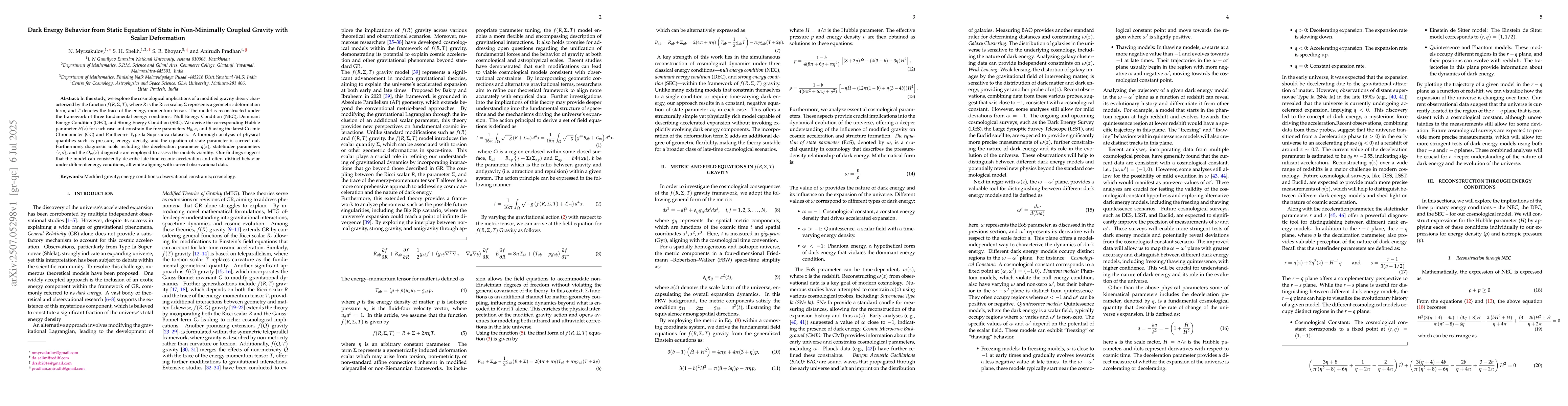 Thumbnail for Dark Energy Behavior from Static Equation of State in Non-Minimally
  Coupled Gravity with Scalar Deformation