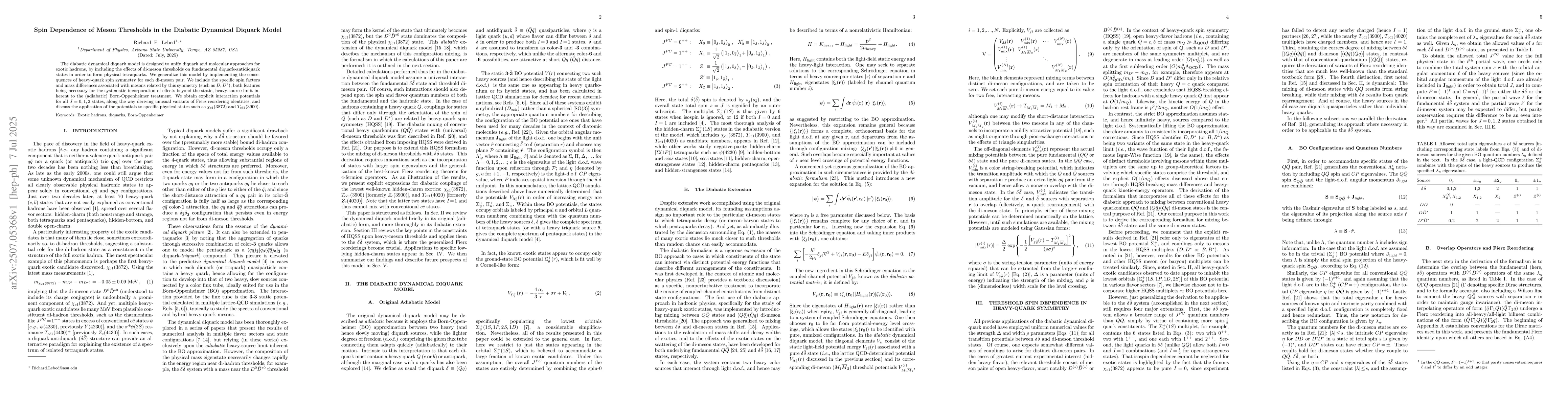 Thumbnail for Spin Dependence of Meson Thresholds in the Diabatic Dynamical Diquark
  Model