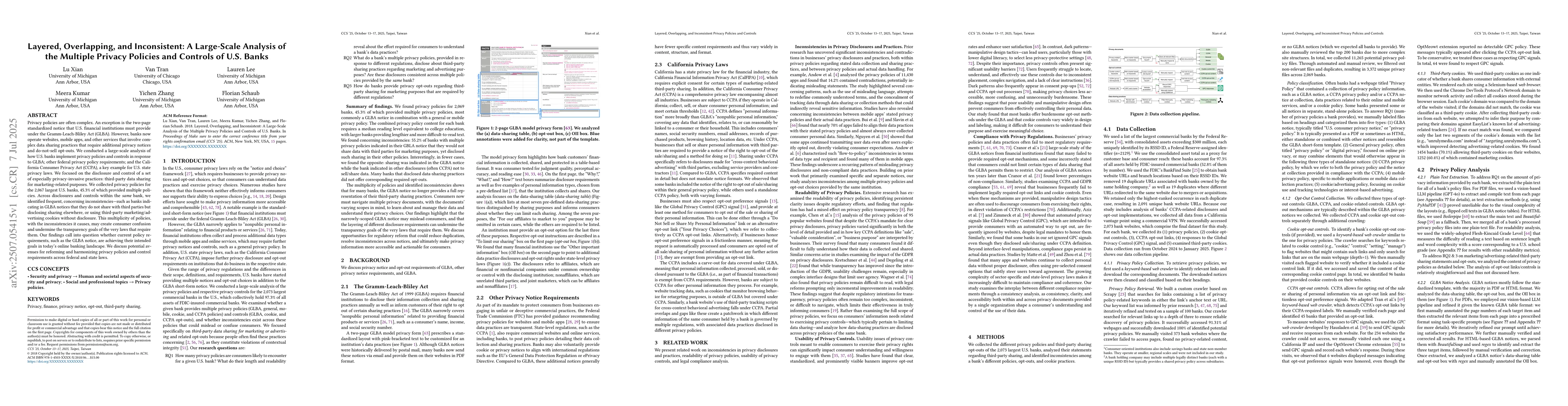 Thumbnail for Layered, Overlapping, and Inconsistent: A Large-Scale Analysis of the
  Multiple Privacy Policies and Controls of U.S. Banks