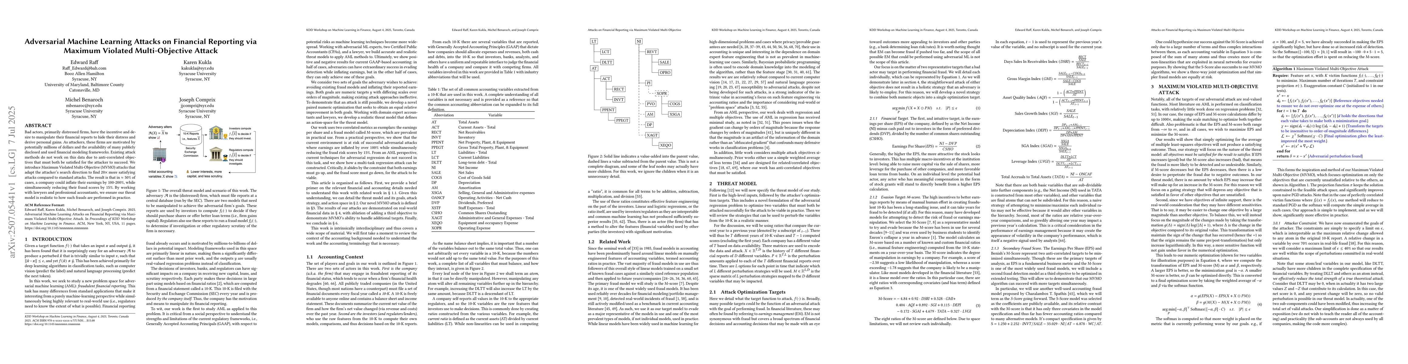 Thumbnail for Adversarial Machine Learning Attacks on Financial Reporting via Maximum
  Violated Multi-Objective Attack