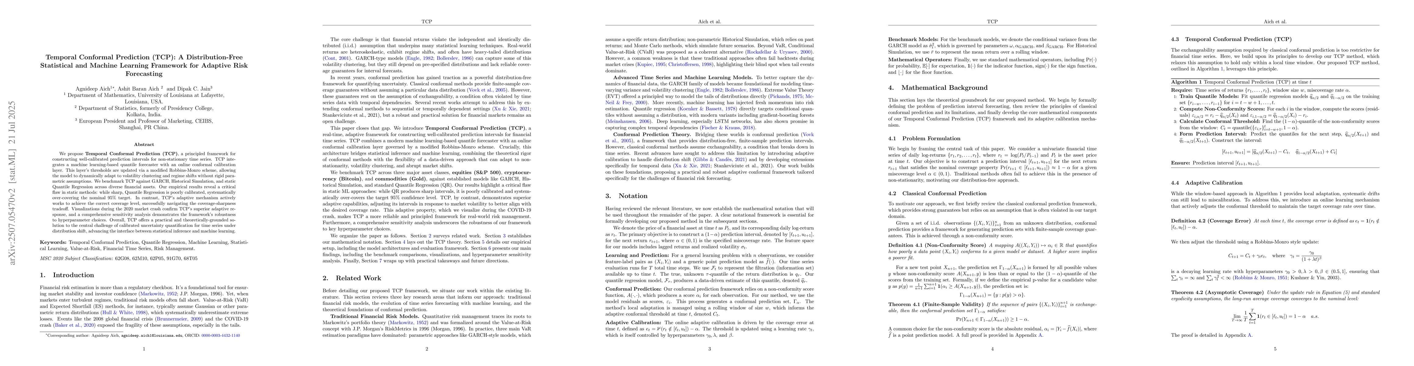 Thumbnail for Temporal Conformal Prediction (TCP): A Distribution-Free Statistical and
  Machine Learning Framework for Adaptive Risk Forecasting