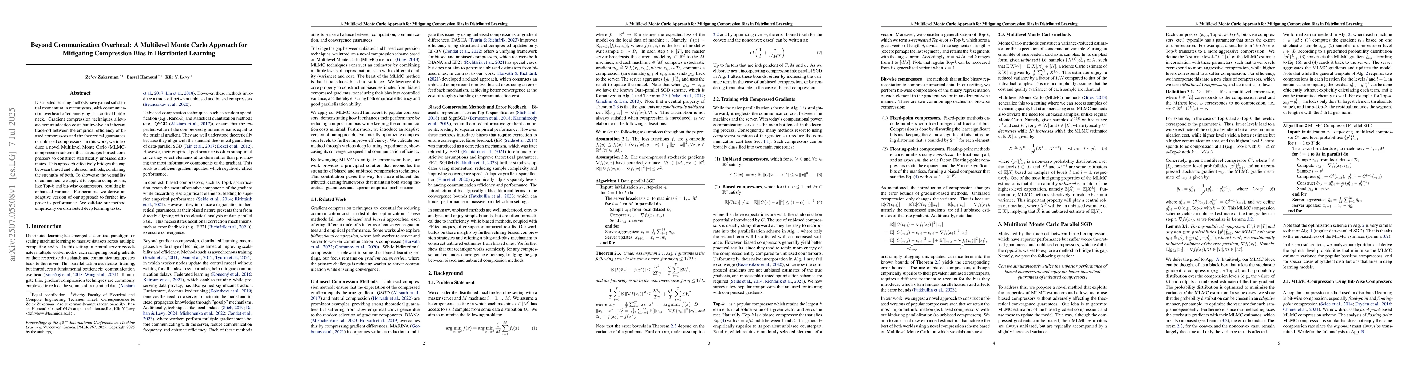Thumbnail for Beyond Communication Overhead: A Multilevel Monte Carlo Approach for
  Mitigating Compression Bias in Distributed Learning