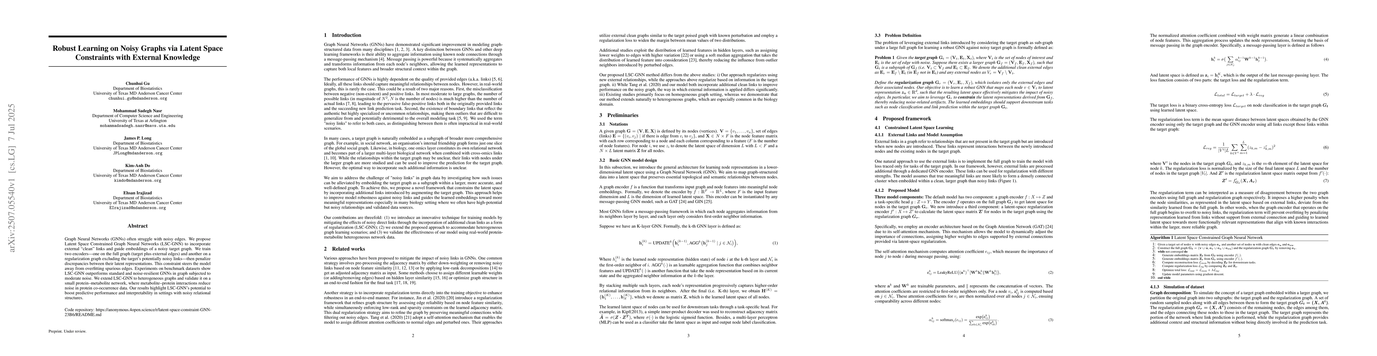 Thumbnail for Robust Learning on Noisy Graphs via Latent Space Constraints with
  External Knowledge