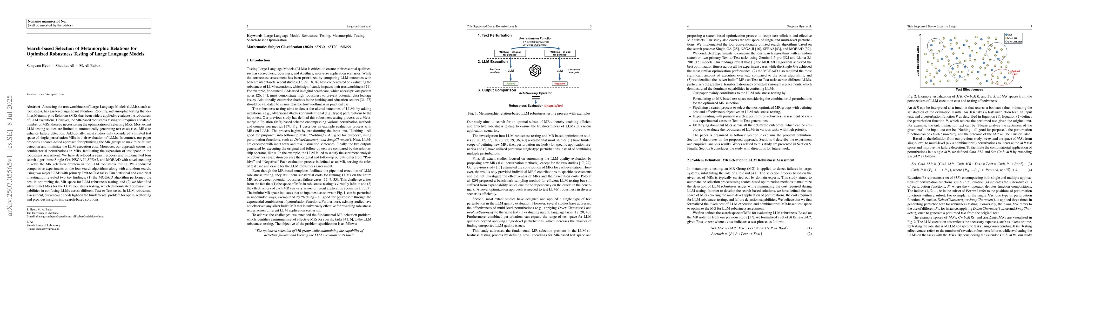 Thumbnail for Search-based Selection of Metamorphic Relations for Optimized Robustness
  Testing of Large Language Models