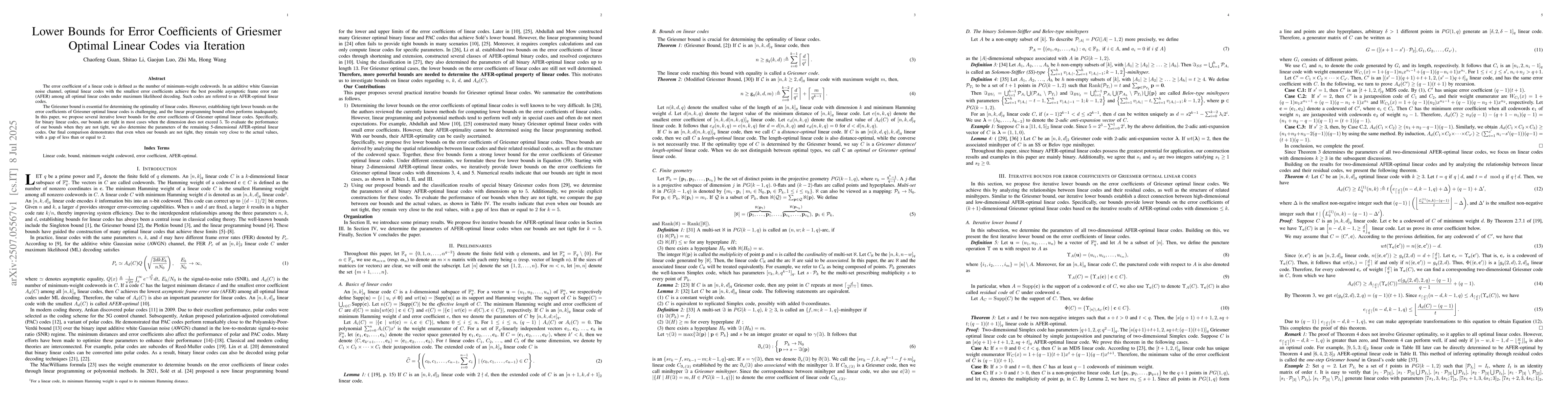 Thumbnail for Lower Bounds for Error Coefficients of Griesmer Optimal Linear Codes via
  Iteration