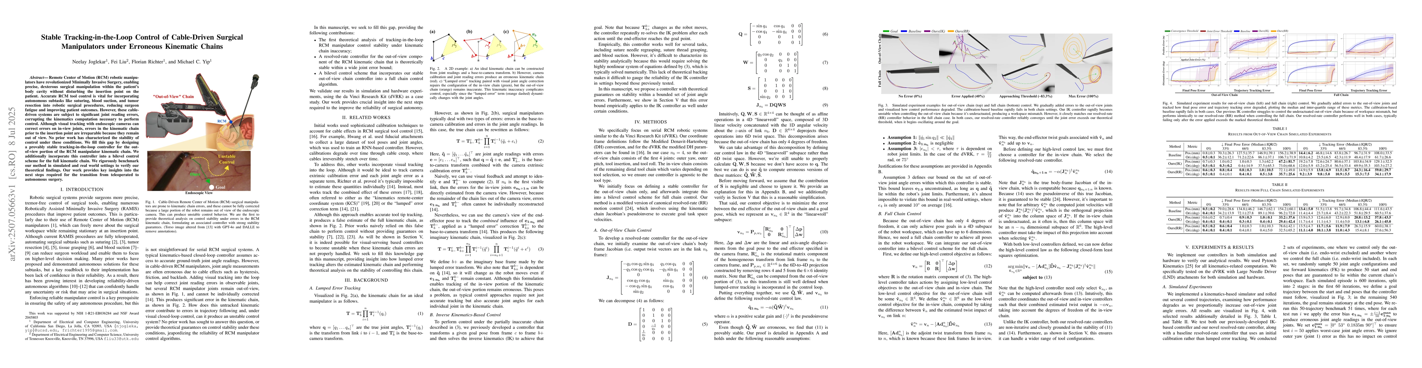 Thumbnail for Stable Tracking-in-the-Loop Control of Cable-Driven Surgical
  Manipulators under Erroneous Kinematic Chains