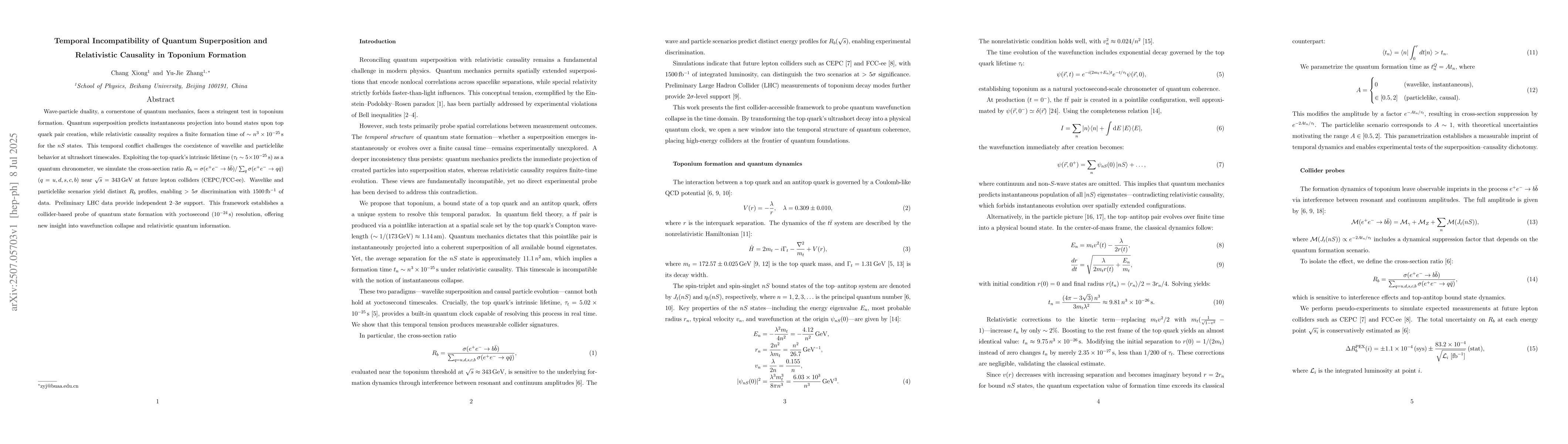 Thumbnail for Temporal Incompatibility of Quantum Superposition and Relativistic
  Causality in Toponium Formation