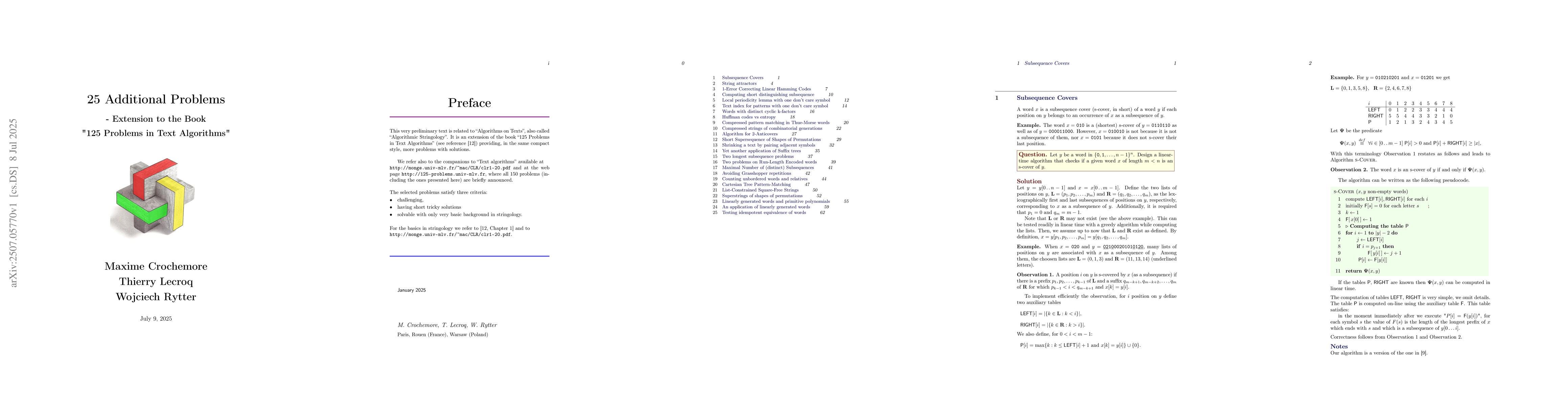 Thumbnail for 25 Additional Problems -- Extension to the Book "125 Problems in Text
  Algorithms"