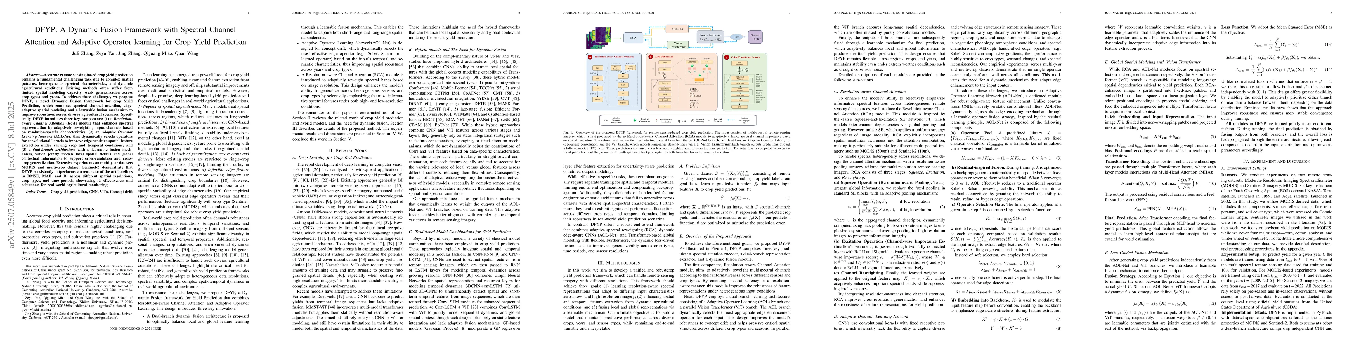 Thumbnail for DFYP: A Dynamic Fusion Framework with Spectral Channel Attention and
  Adaptive Operator learning for Crop Yield Prediction