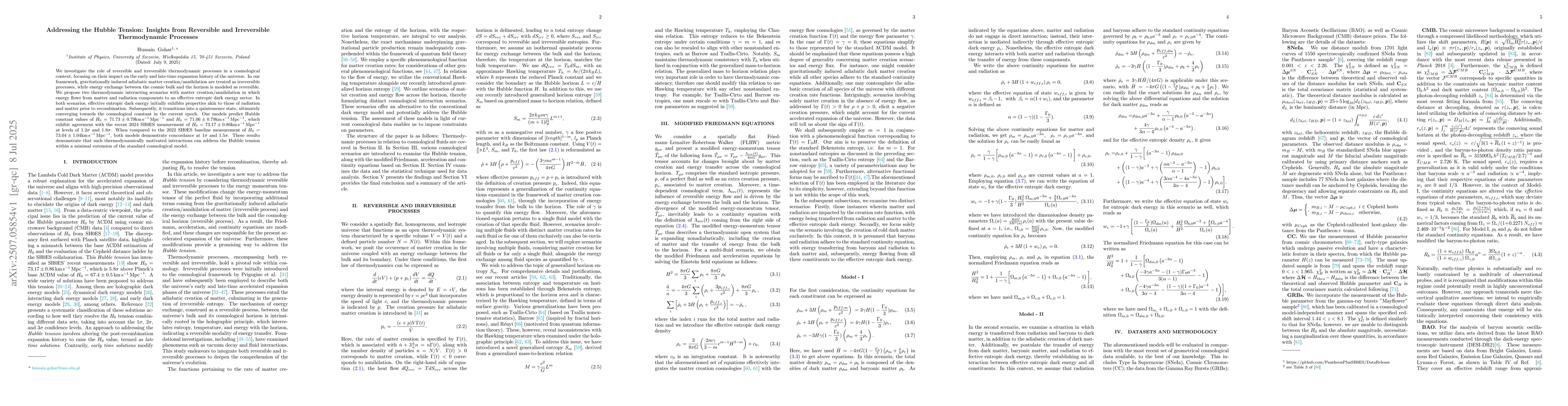 Thumbnail for Addressing the Hubble Tension: Insights from Reversible and Irreversible
  Thermodynamic Processes
