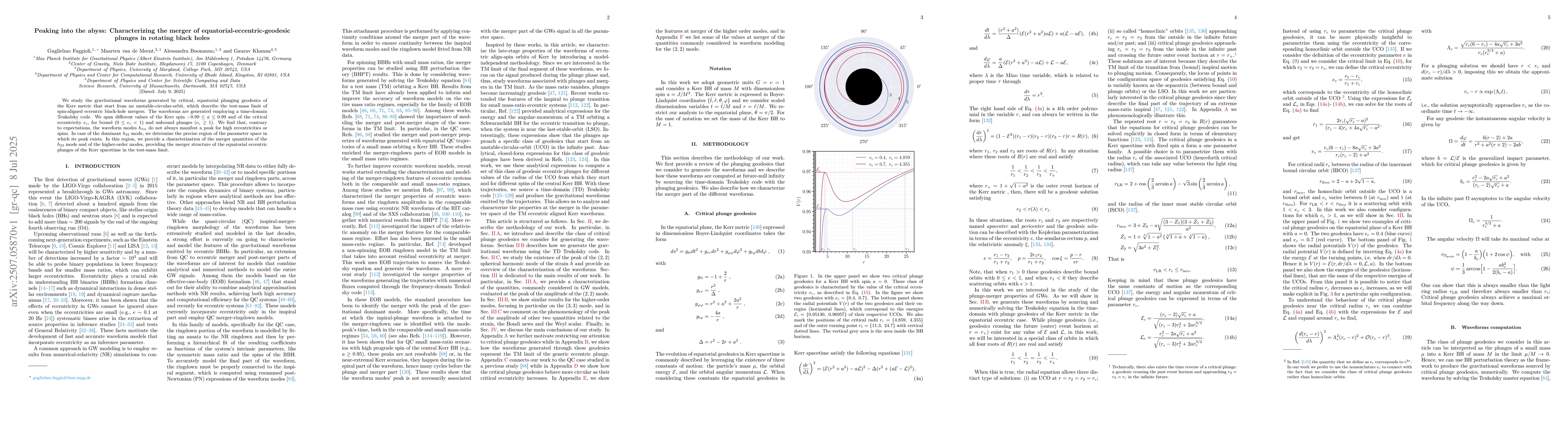Thumbnail for Peaking into the abyss: Characterizing the merger of
  equatorial-eccentric-geodesic plunges in rotating black holes