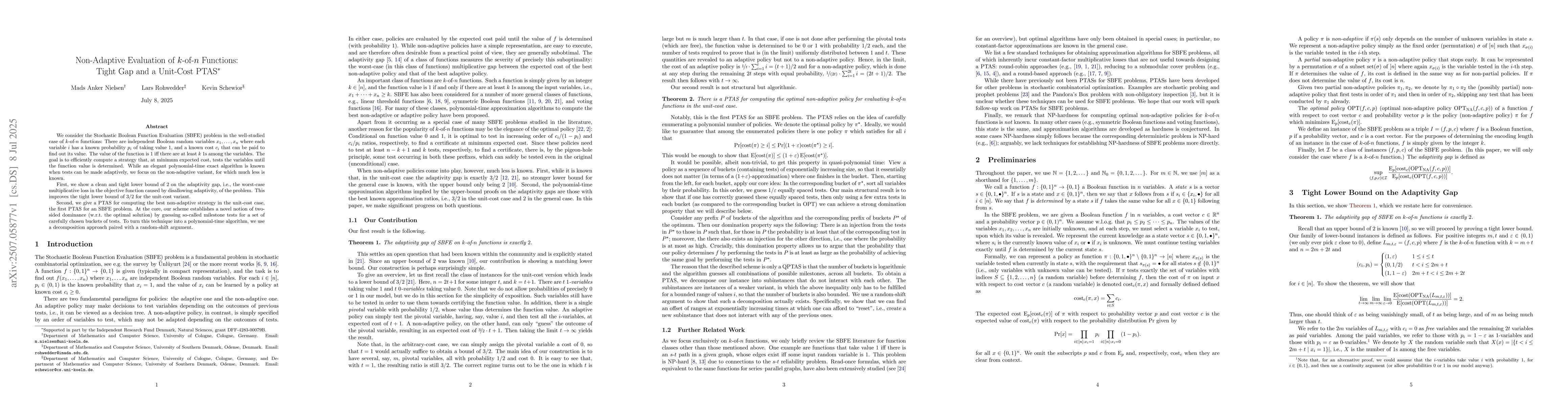 Thumbnail for Non-Adaptive Evaluation of $k$-of-$n$ Functions: Tight Gap and a
  Unit-Cost PTAS
