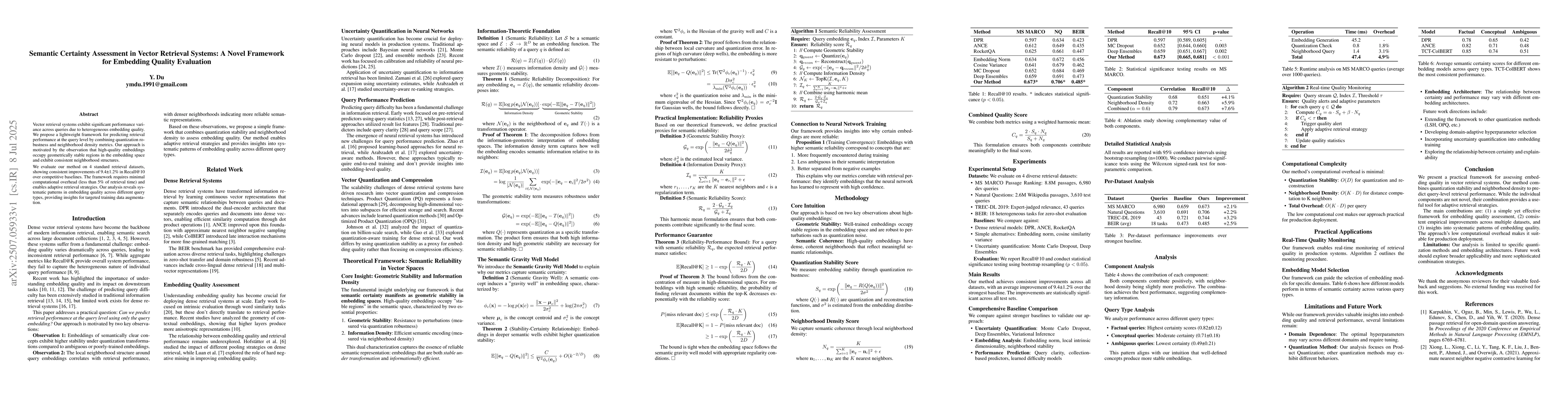 Thumbnail for Semantic Certainty Assessment in Vector Retrieval Systems: A Novel
  Framework for Embedding Quality Evaluation