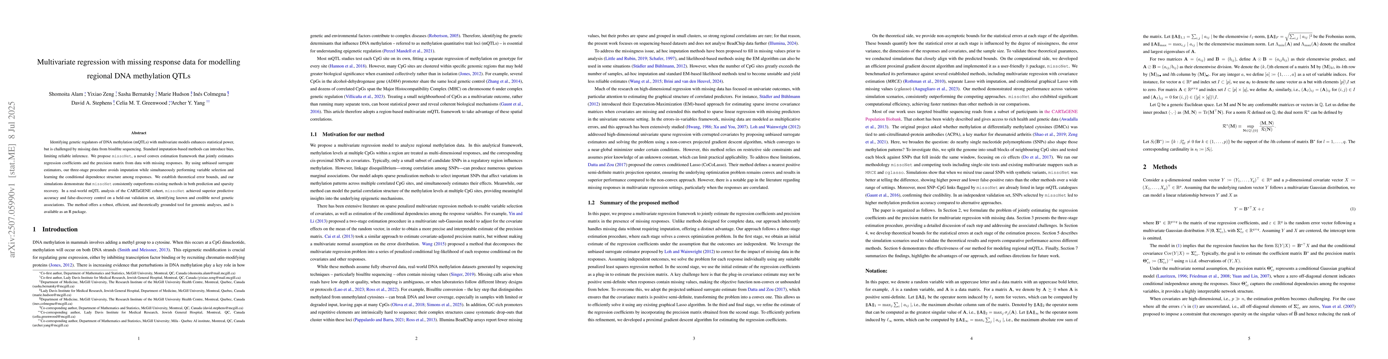 Thumbnail for Multivariate regression with missing response data for modelling
  regional DNA methylation QTLs