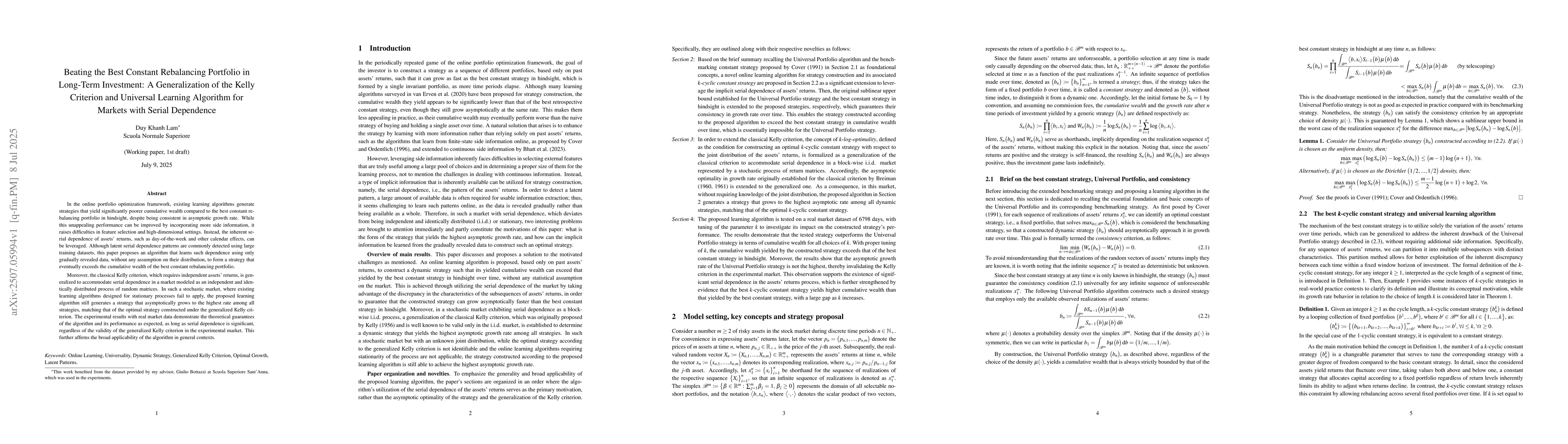 Thumbnail for Beating the Best Constant Rebalancing Portfolio in Long-Term Investment:
  A Generalization of the Kelly Criterion and Universal Learning Algorithm for
  Markets with Serial Dependence